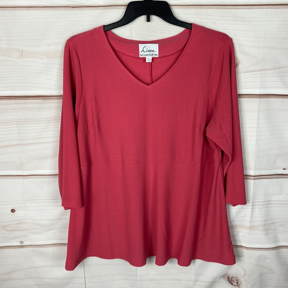 Linea Top Womens XL‎ Pink V-Neck Blouse A-Line 3/4 Sleeve Knit Pullover Solid